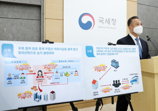박재형 국세청 자산과세국장이 29일 오전 세종시 정부세종2청사에서 '개발지역 부동산 탈세 특별조사단, 3차 세무조사 착수'와 관련해 브리핑하고 있다. <국세청 제공>